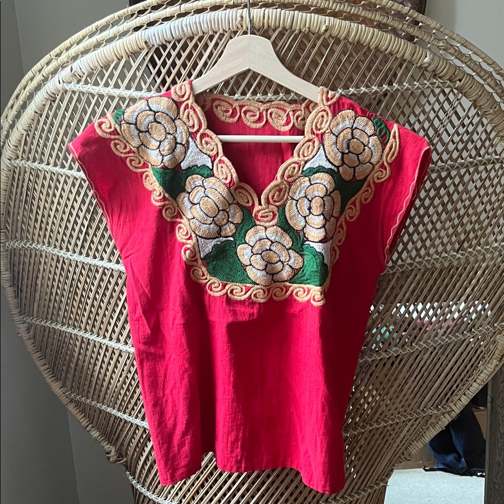 Pure cotton traditional red Mexican embroidered peasant blouse in red.